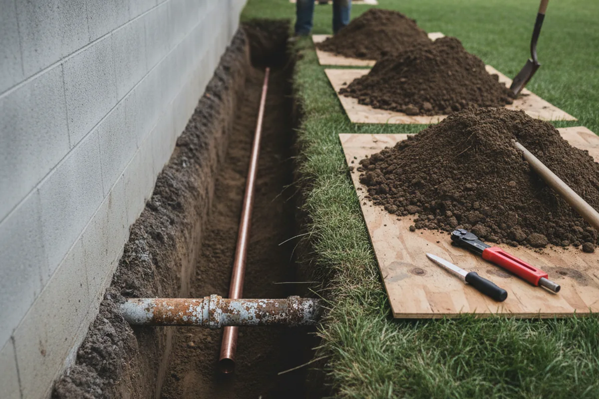 Excavated water line trench during Water Softener Installation in Bayview